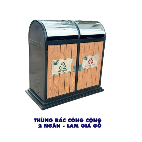 Thùng rác công cộng thép 2 ngăn lam nhựa giả gỗ