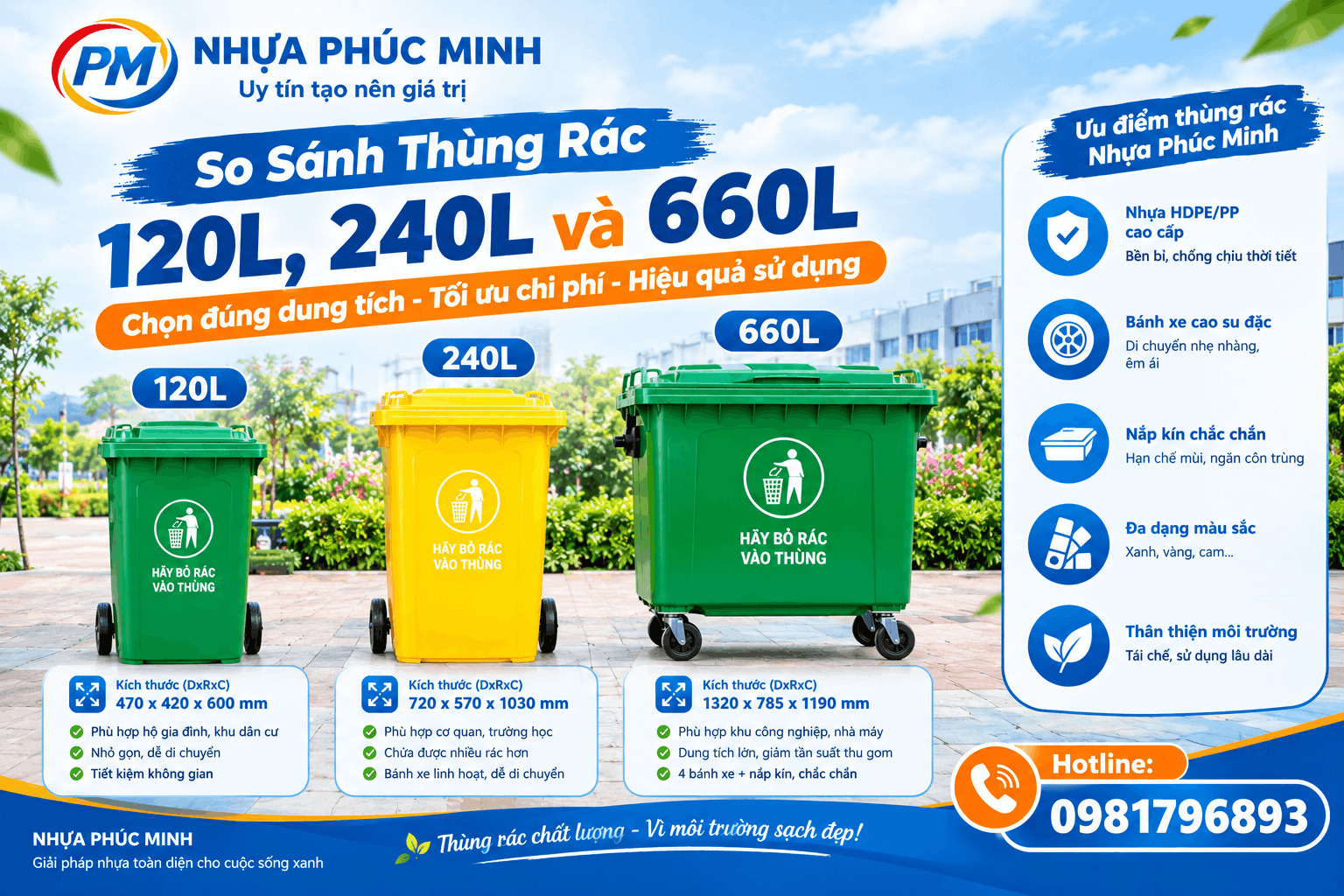 So Sánh Thùng Rác 120L, 240L và 660L