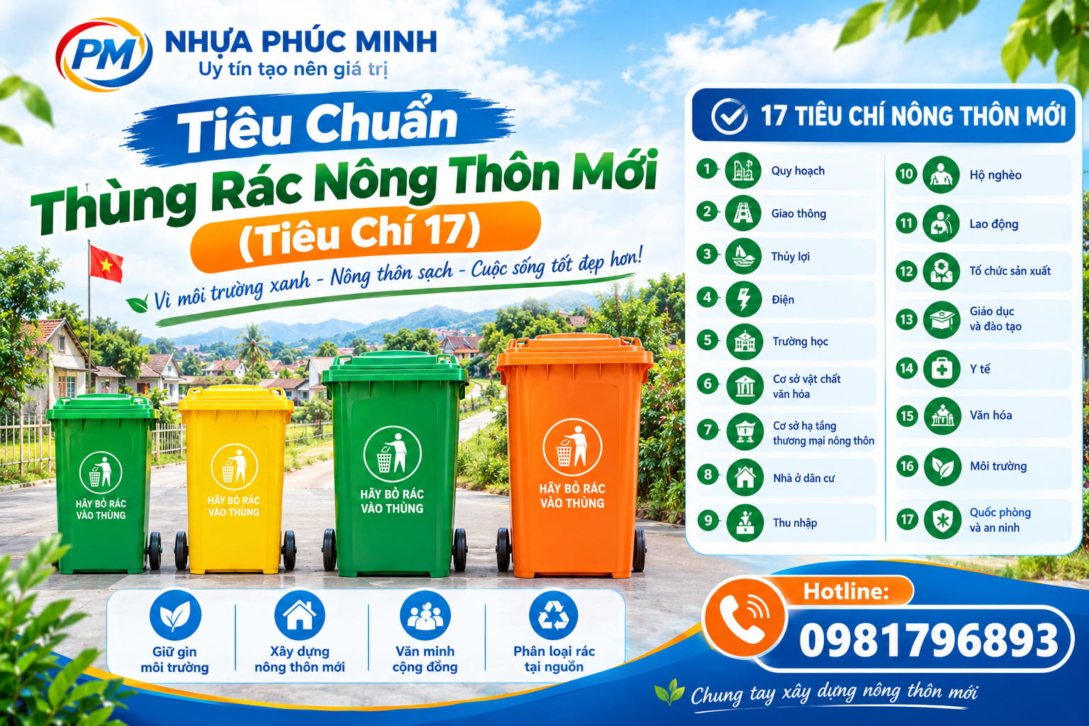 Thùng rác công cộng Tiêu Chuẩn Thùng Rác Nông Thôn Mới (Tiêu Chí 17) Thùng rác công cộng