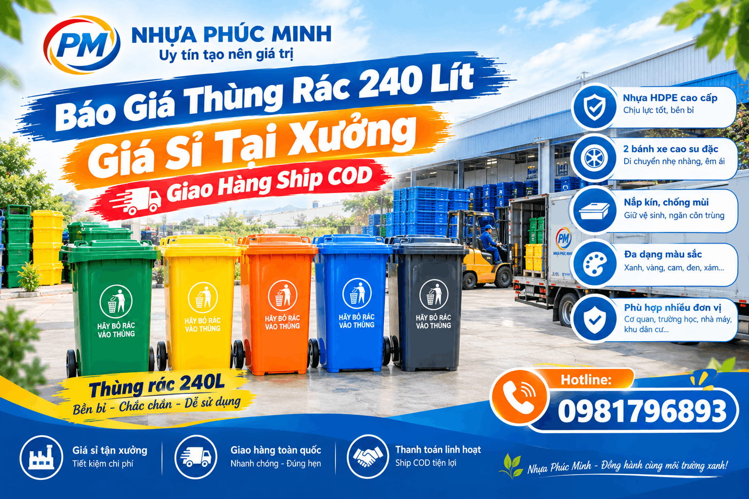 Báo Giá Thùng Rác 240 Lít Giá Sỉ Tại Xưởng - Giao Hàng Ship COD